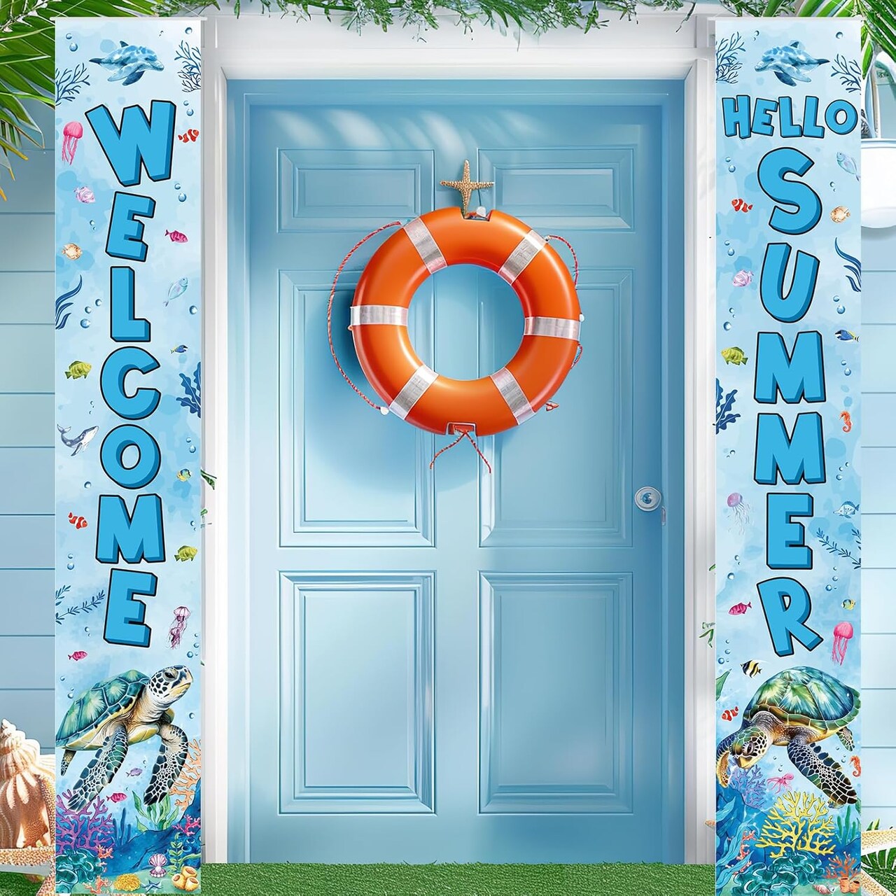 Welcome Summer Porch Banner Sea Turtle Summer Door Banner Hawaiian Ocean Nautical Porch Sign Welcome Hanging Banner Decor Tropical Sea Turtle Seasonal Outdoor Indoor Holiday Cruise Party Decorations